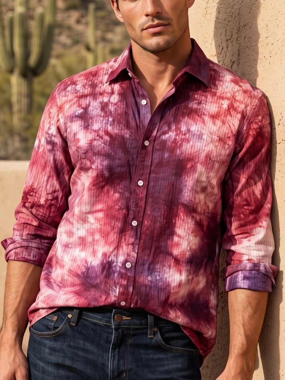 Canali Cotton Size 15 3/4 Neck Tie Dye Dress Shirt Red Purple Tied Dyed  Medium